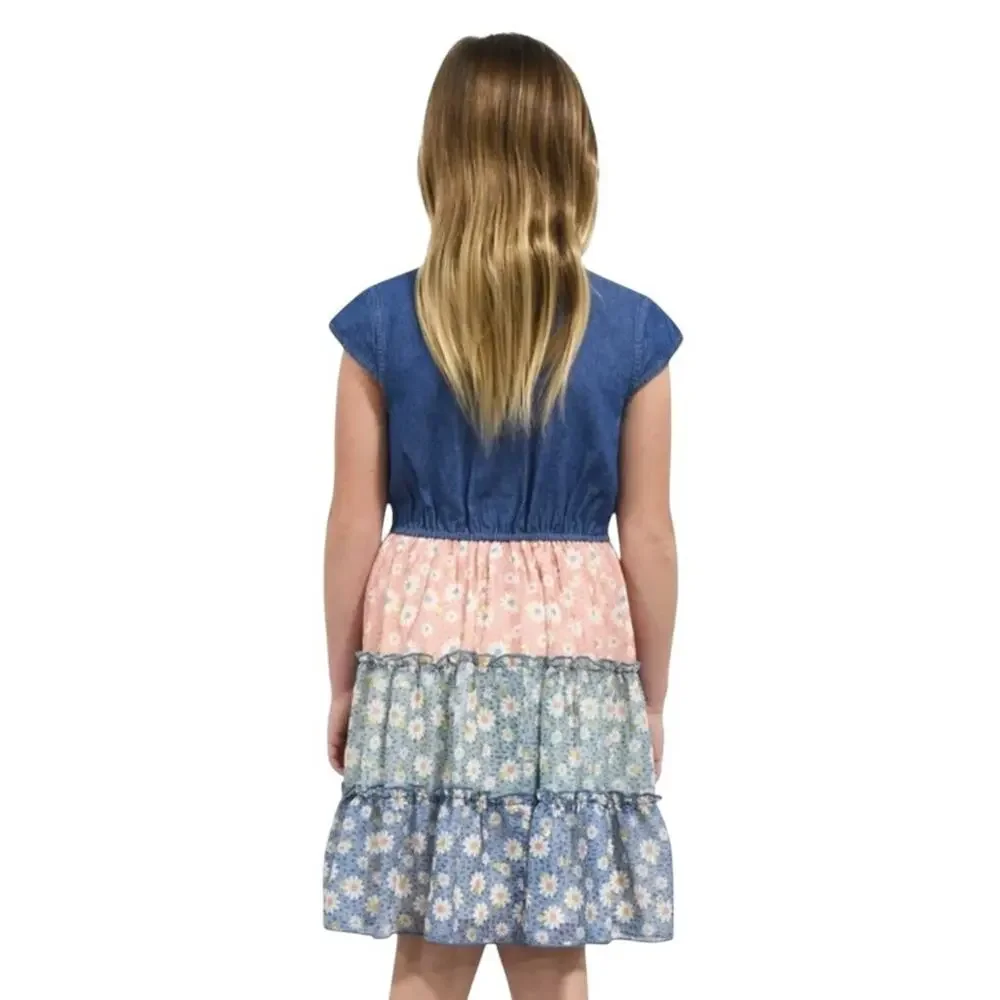 Zunie Girls Denim Daisy Floral Tiered Dress Size XS NWT